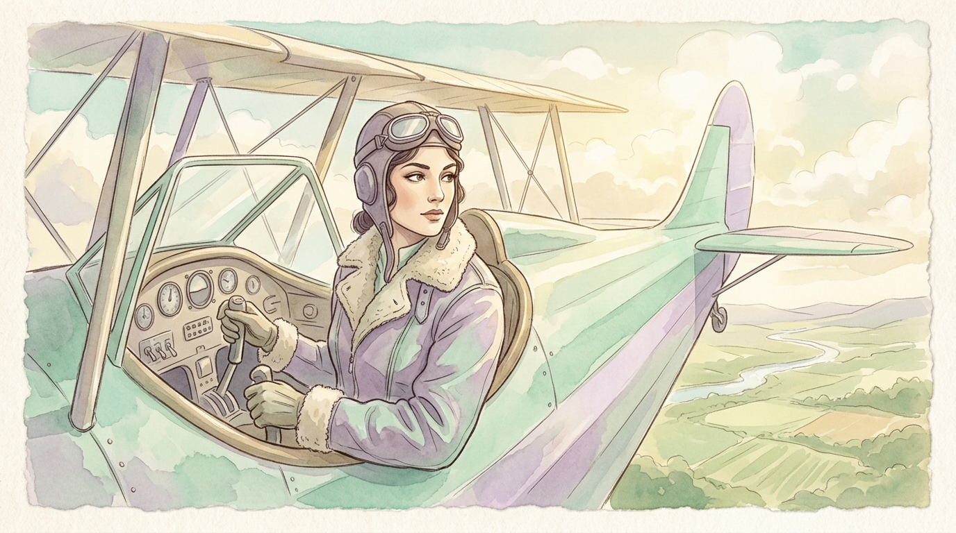 A warm-toned vintage-style illustration of a woman aviator at the controls of a 1930s-era aircraft, referencing the aviation legacy documented by the Federal Aviation Administration.
