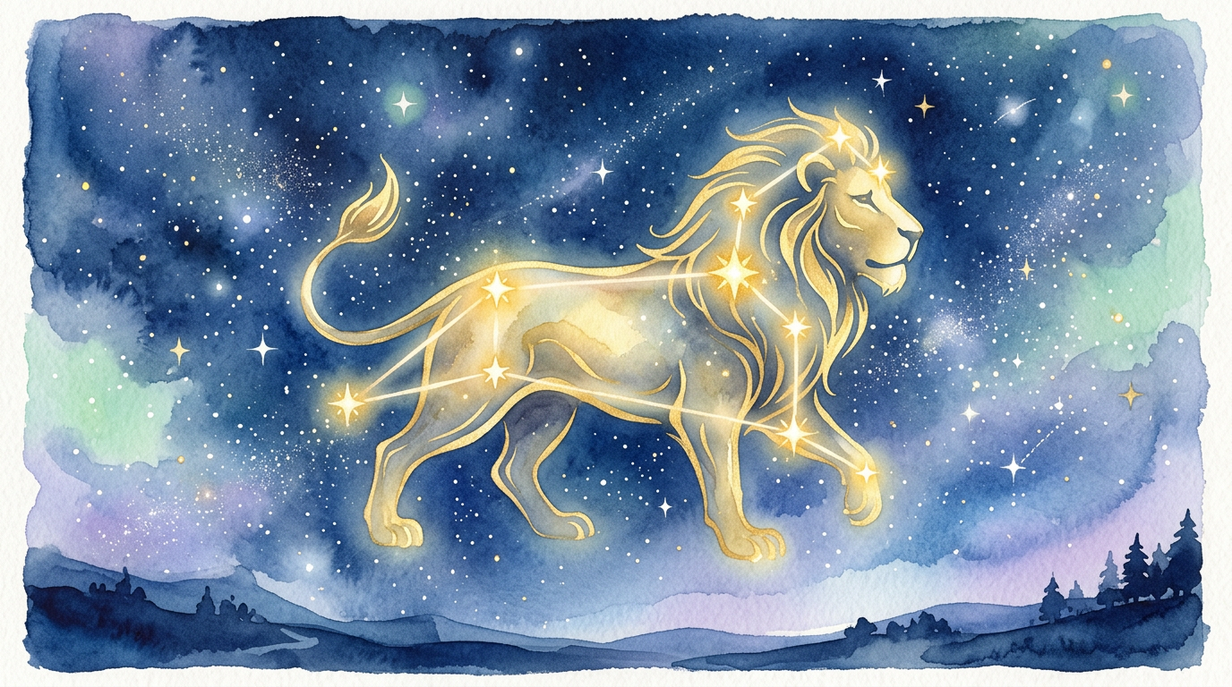 A stylized illustration of a Leo constellation glowing gold against a deep blue sky, evoking the traditional Sun-ruled sign described in Ptolemy's Tetrabiblos.