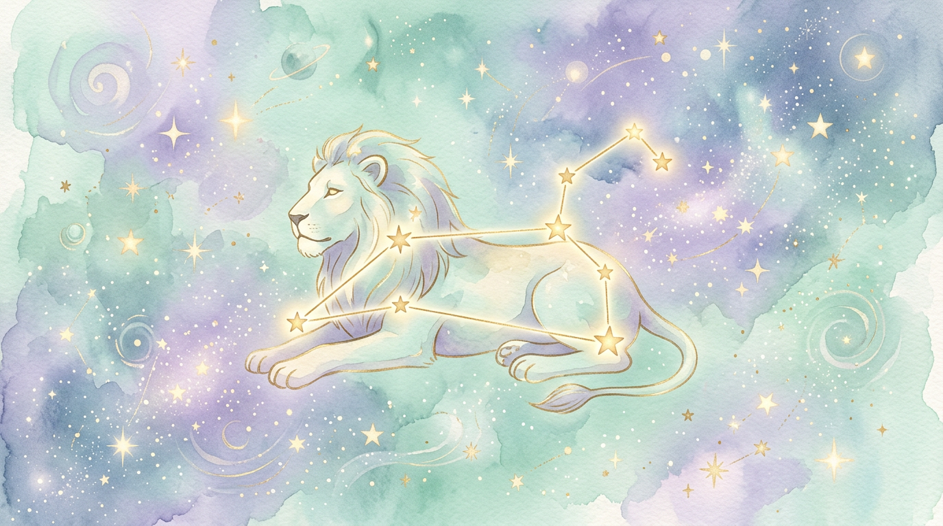 A clean, elegant star-map illustration of the Leo constellation, representing the traditional Sun-ruled sign as described in Ptolemy's second-century Tetrabiblos.