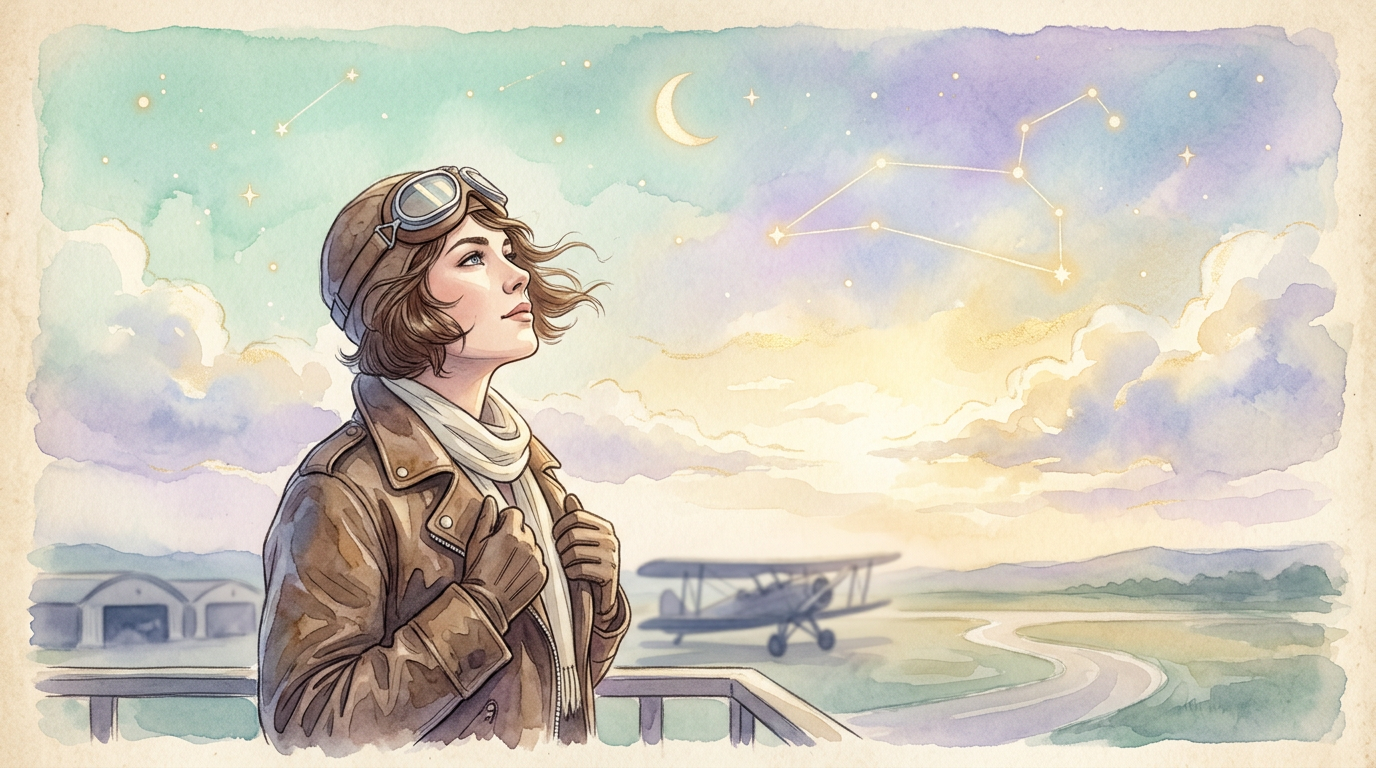 A vintage-style illustration of a fearless woman aviator in a leather jacket and goggles, gazing upward at a golden sunlit sky, with soft celestial Leo constellation details in the background