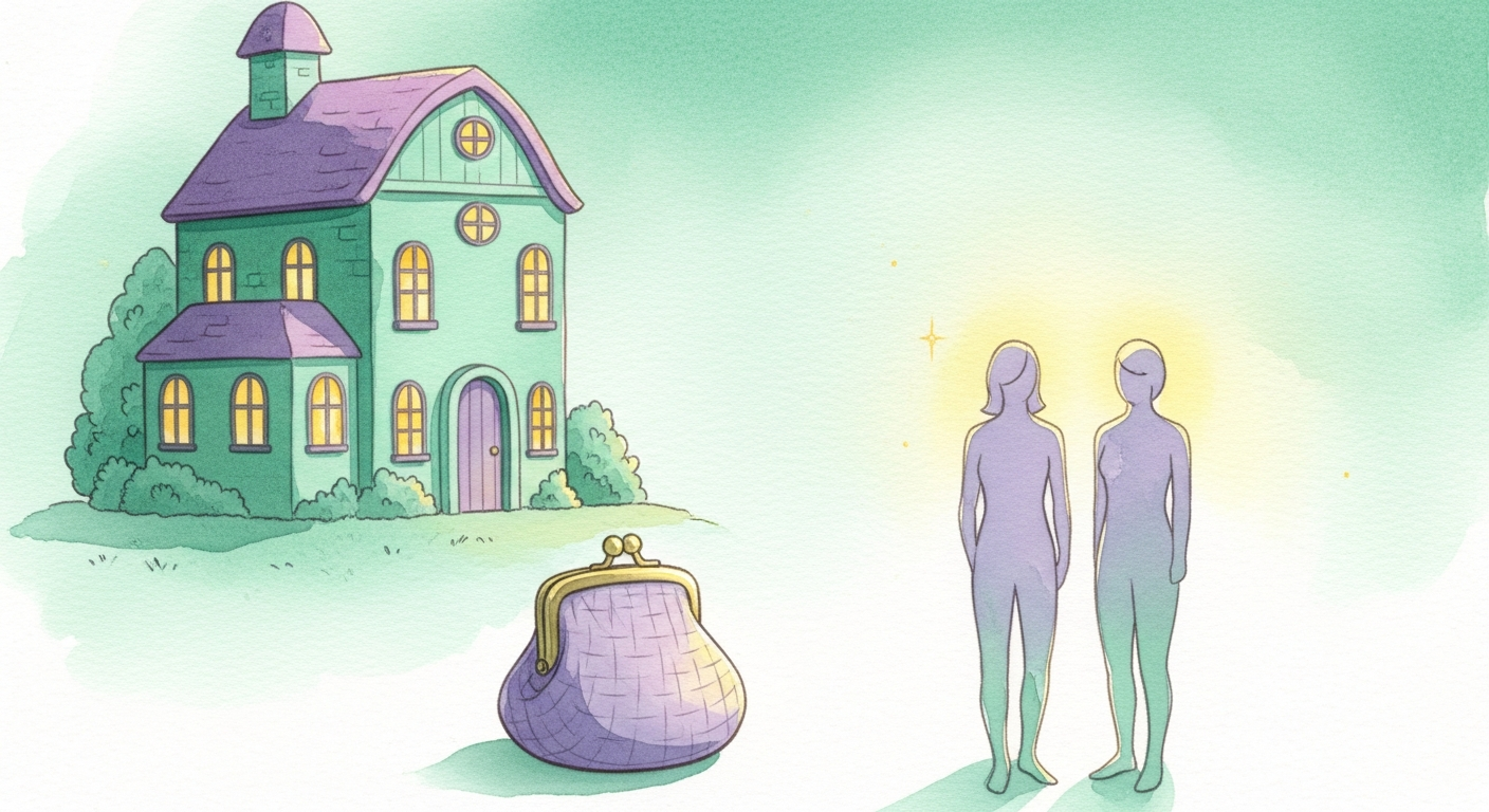 A cozy illustrated scene of a house, a coin purse, two figures side by side, and a family tree, representing the themes of the first four astrological houses.