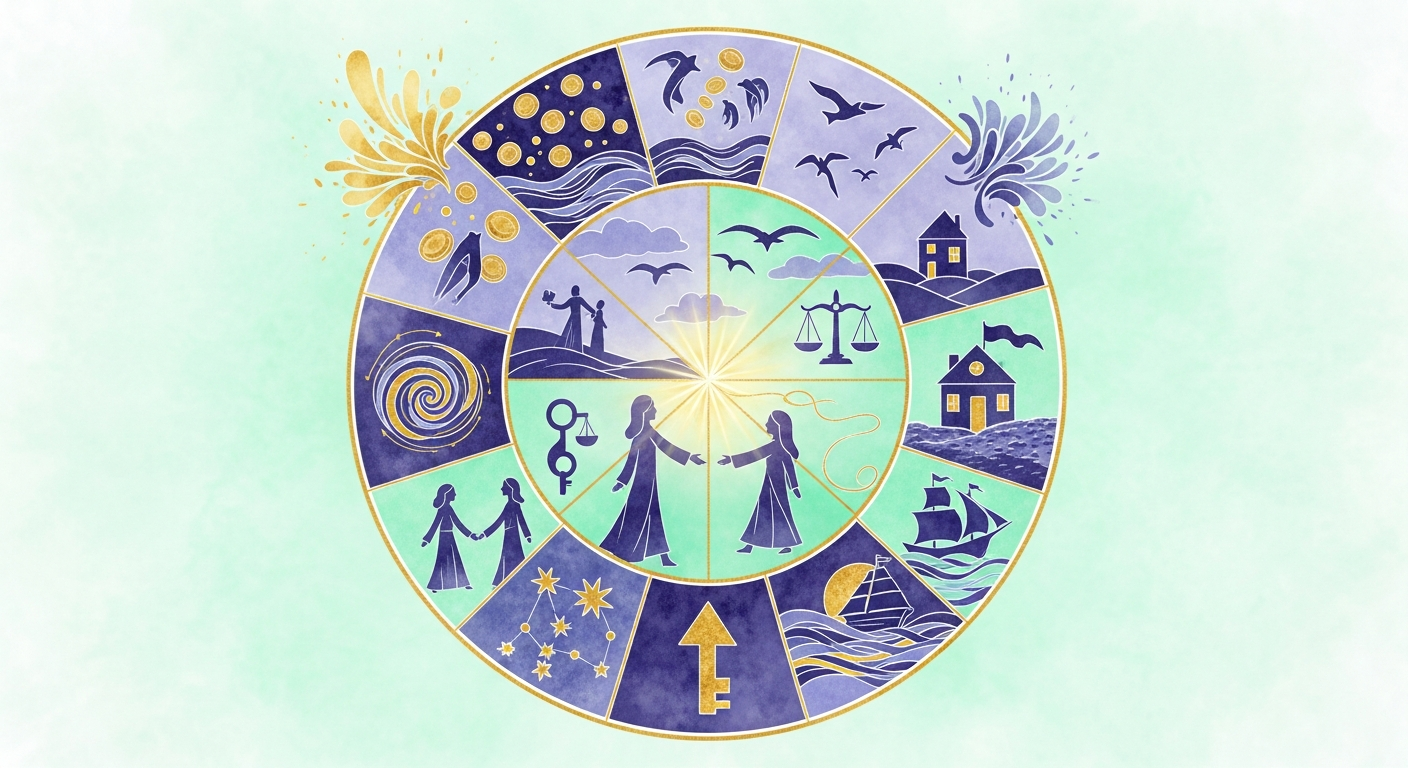 A stylized twelve-segment astrological wheel, illustrated in warm gold and indigo tones, representing the twelve houses as areas of life as described in Vettius Valens's Anthologiae.