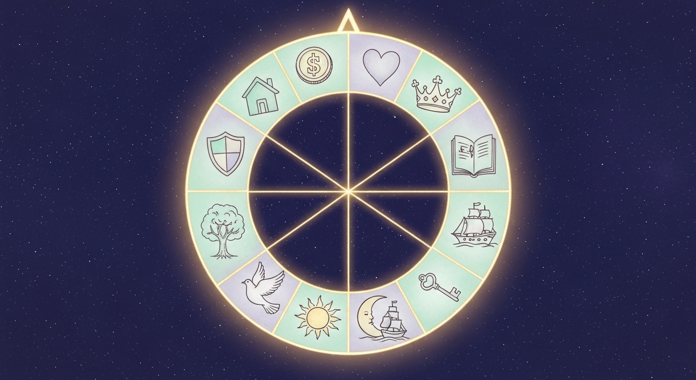 A softly glowing circular wheel divided into twelve segments, each filled with a different symbolic illustration — a home, a coin, a heart, a crown — set against a deep indigo starfield