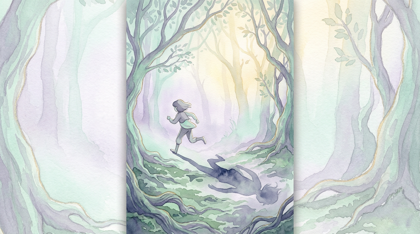 A lone figure flees through foggy trees, their elongated shadow reaching back toward them — a visual echo of Jung's concept of the shadow self (Man and His Symbols, 1964).
