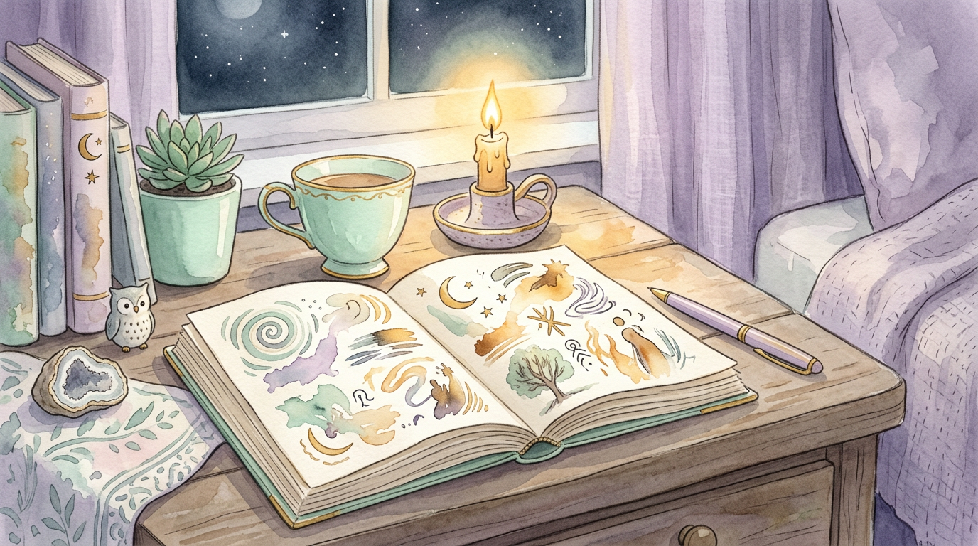 A cozy nightstand scene with an open journal and a flickering candle, representing the reflective practice of dream journaling inspired by traditions like those in Jung's Man and His Symbols.