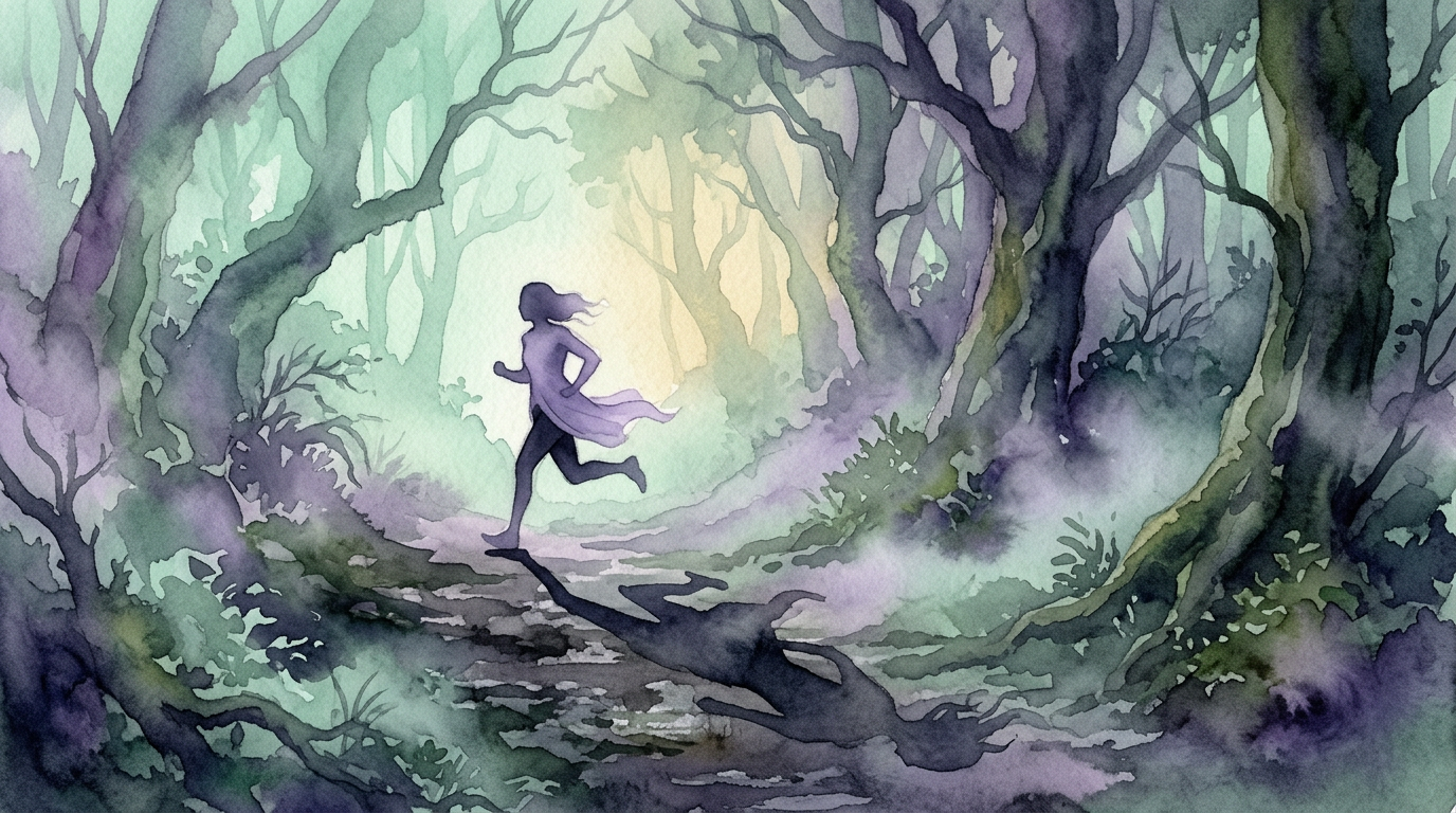 A dreamlike illustration of a lone figure sprinting through a dark, misty forest, their shadow stretching long and distorted behind them