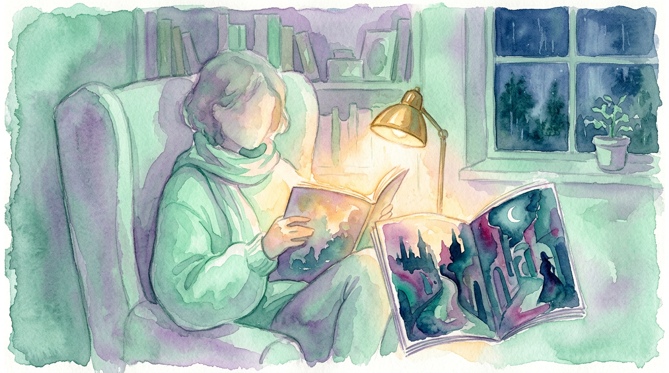 An atmospheric illustration of a lone figure reading a glowing magazine by lamplight, evoking the feeling of discovering a thrilling mystery story.