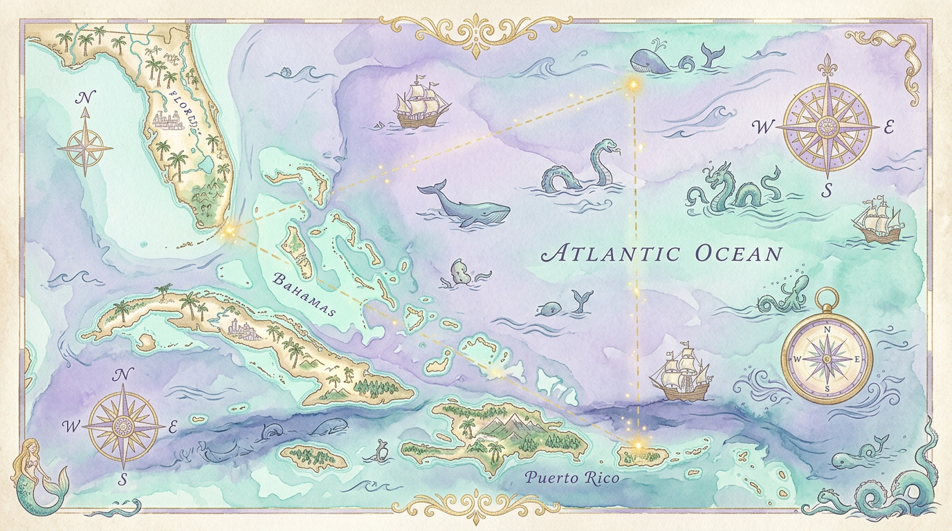 A stylized, illustrative map showing a triangular area over the Atlantic Ocean near Florida, the Bahamas, and Puerto Rico, in a retro adventure-map style.