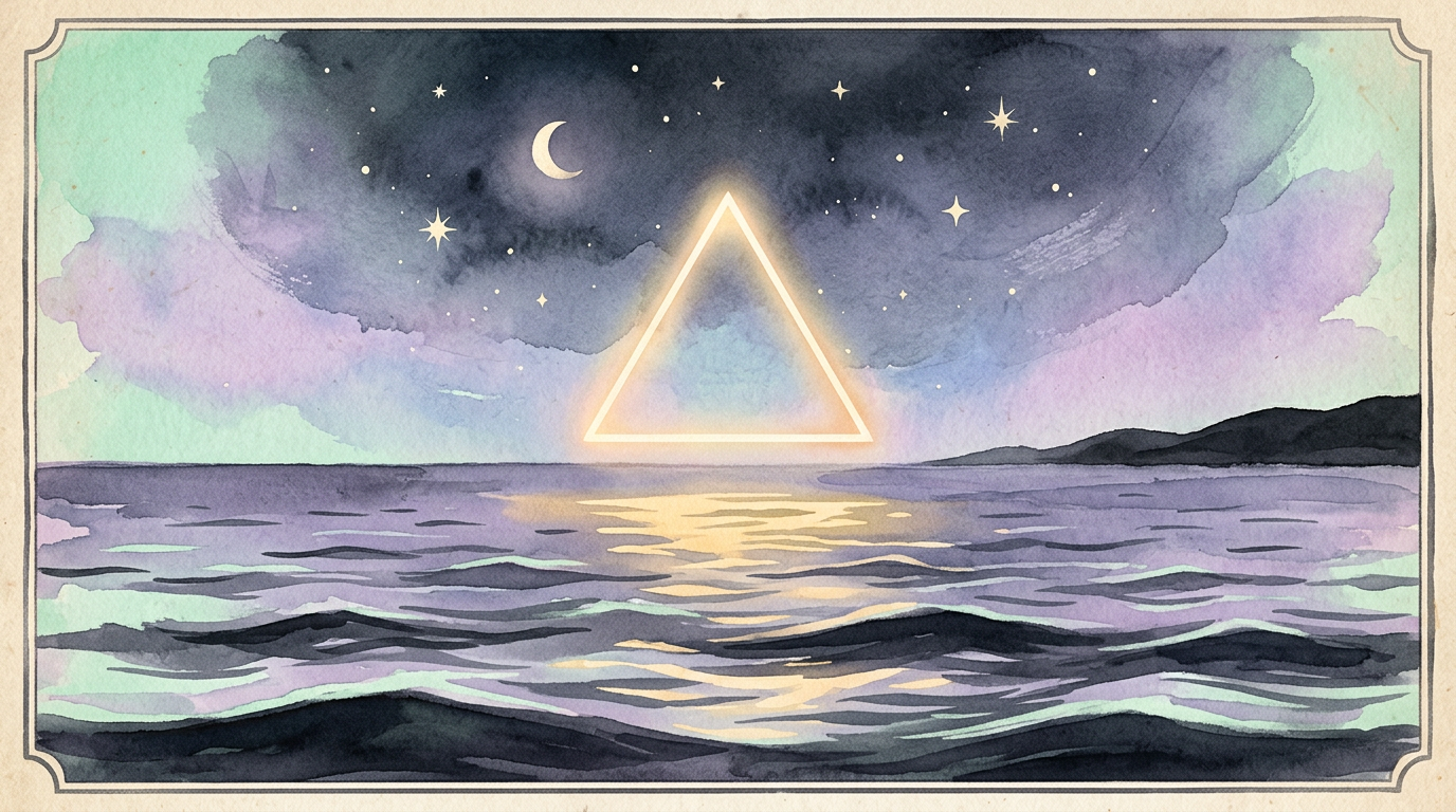 A stylized illustration of a glowing triangle shape hovering over a dark ocean at night, with vintage magazine typography aesthetic and no text visible