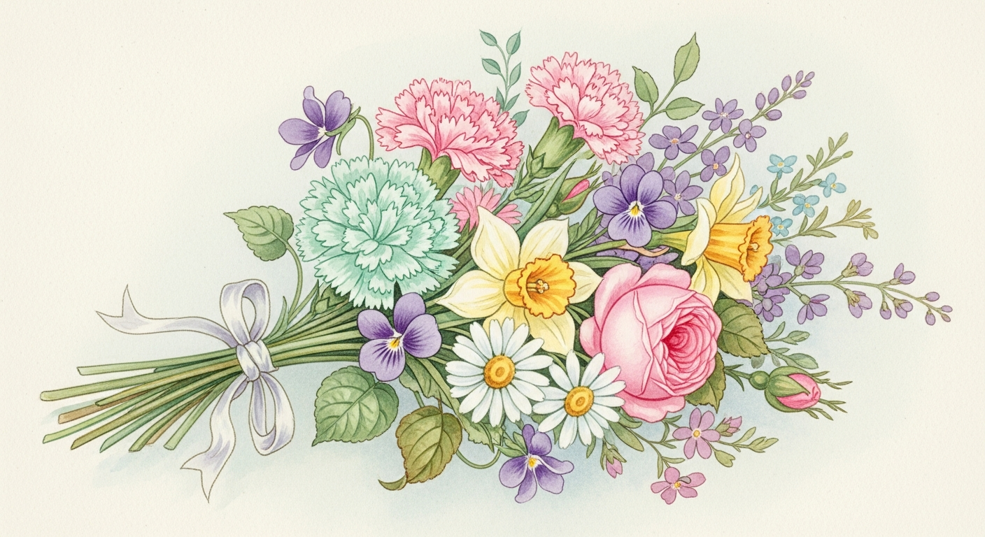 A soft watercolor arrangement of twelve birth-month flowers tied with ribbon