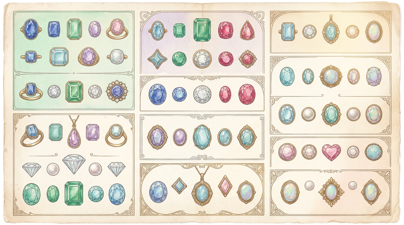 A vintage-style illustration of a gemstone catalogue page, representing the kind of commercial standardization the National Association of Jewelers introduced in 1912.