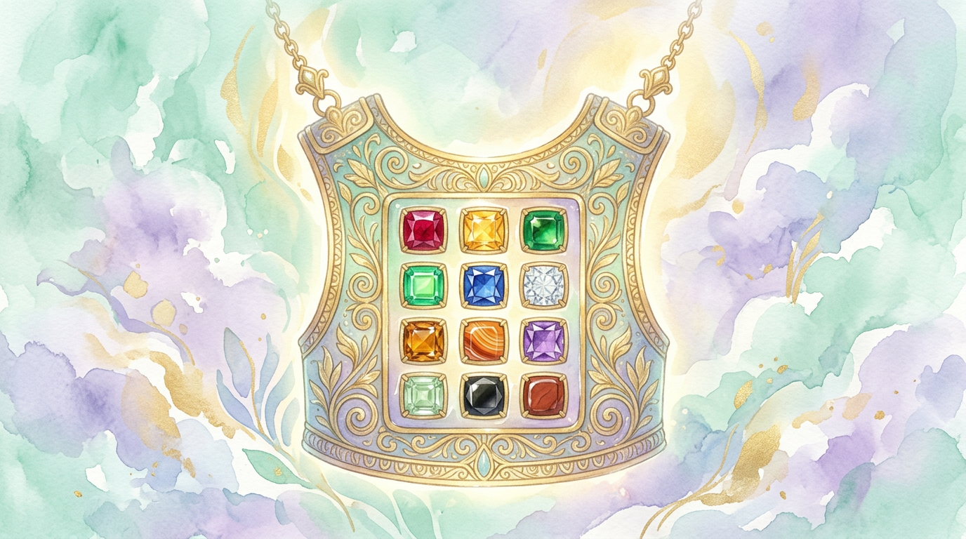 A stylized illustration of twelve gemstones set in a ceremonial breastplate, evoking the ancient twelve-stone design described in the Book of Exodus.