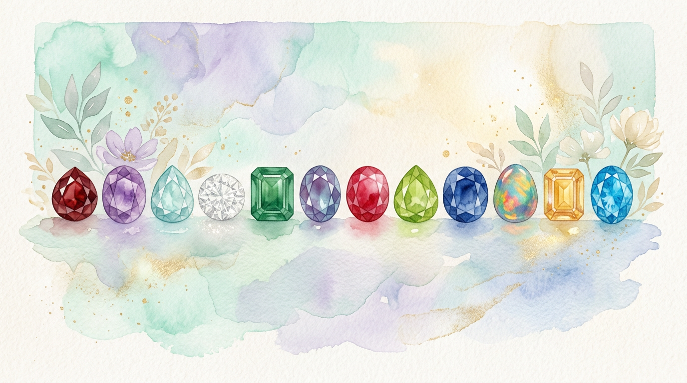 Twelve gemstones lined up in a row, each a different color, suggesting the month-by-month birthstone tradition documented by the Gemological Institute of America.