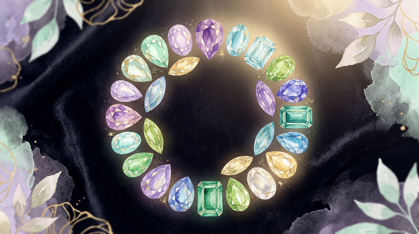 A glittering array of colorful gemstones arranged in a circle on a dark velvet surface, each stone catching light differently, no text visible
