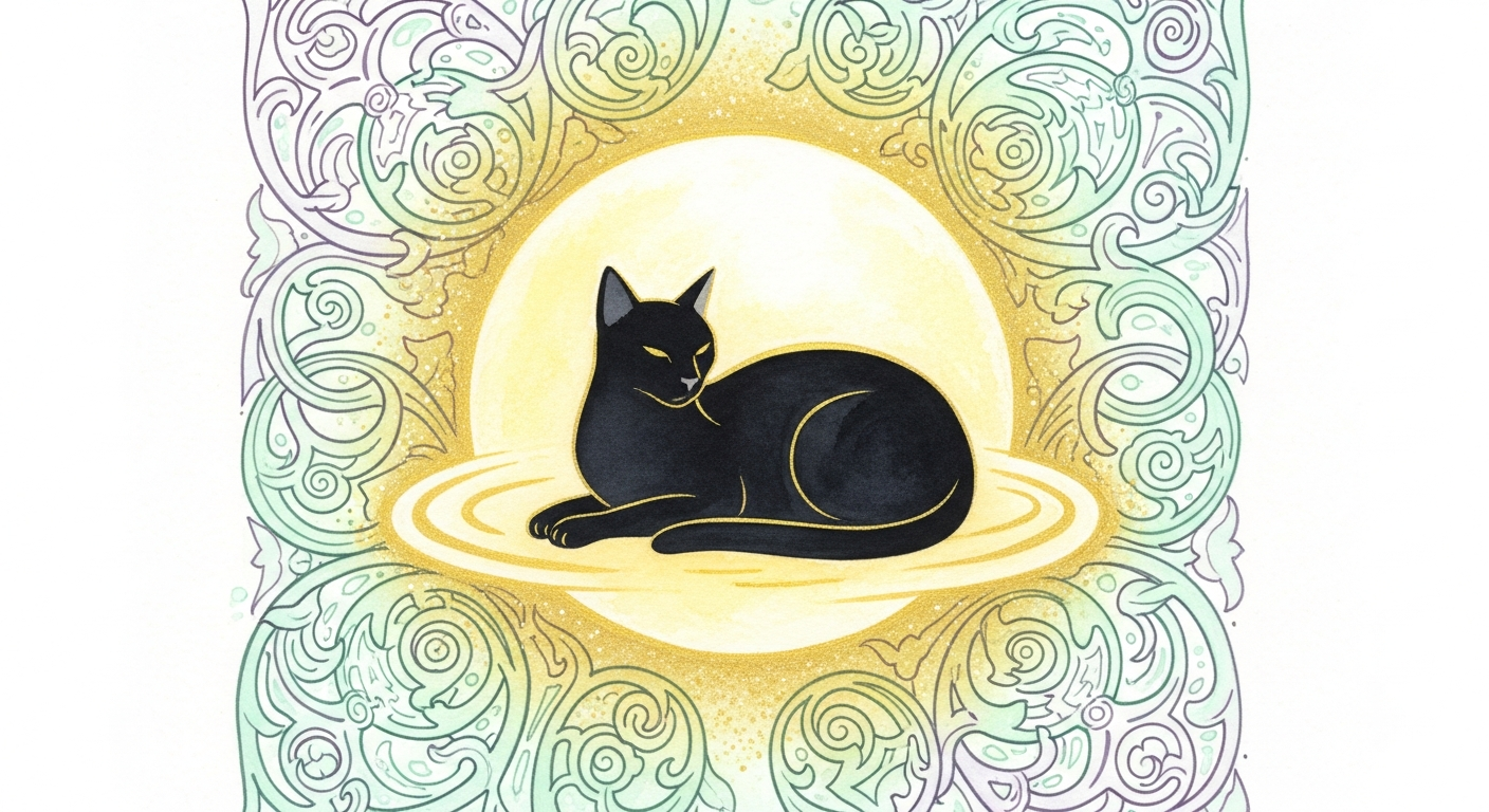 A sleek black cat sitting in a pool of moonlight, surrounded by swirling medieval manuscript patterns, illustrated in a moody but whimsical style