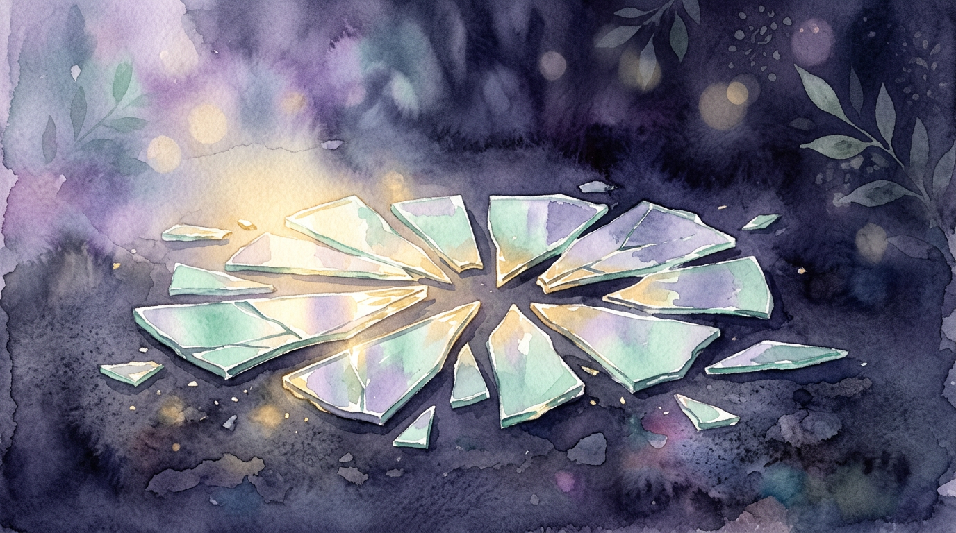 Shards of a broken mirror catching light on a dark surface, a visual metaphor for the Roman omen that folklorists trace to the seven-years-bad-luck superstition.