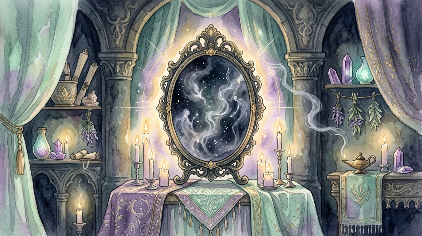 A moody illustration evoking ancient mirror-divination, the practice historians link to the origin of the broken-mirror superstition.