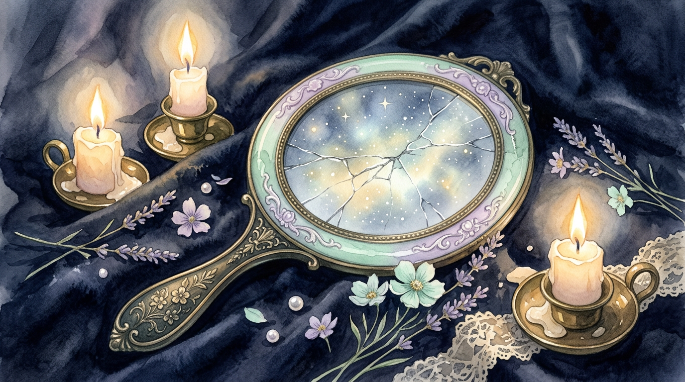 A cracked antique hand mirror reflecting a ghostly, starlit glow, surrounded by soft candlelight on a dark velvet surface — no text, no people