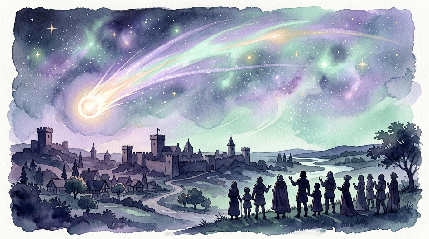A dramatic night sky illustration showing a bright comet with a long glowing tail streaking over a medieval landscape, silhouetted figures gazing up in awe