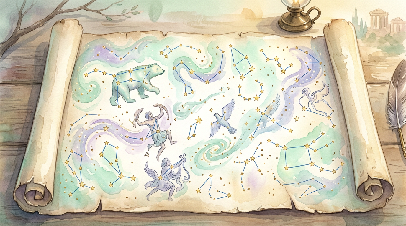 An artistic rendering of an open ancient scroll with star illustrations, evoking Aratus's 3rd-century BCE poem Phaenomena, which popularized constellation myths for a wide audience.