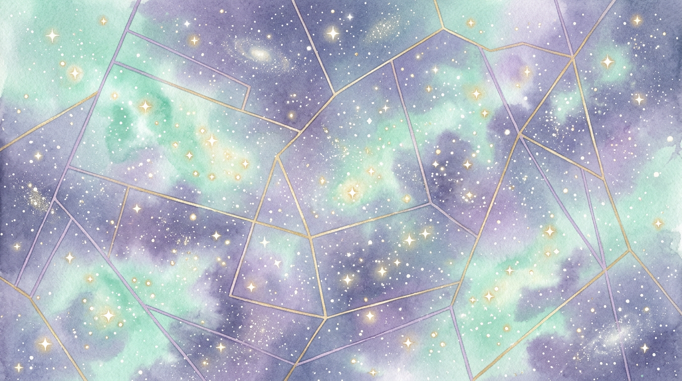 A clean graphic illustration of geometric boundary lines dividing a star field into labeled regions, representing the fixed constellation borders established by Eugène Delporte for the IAU in 1930.