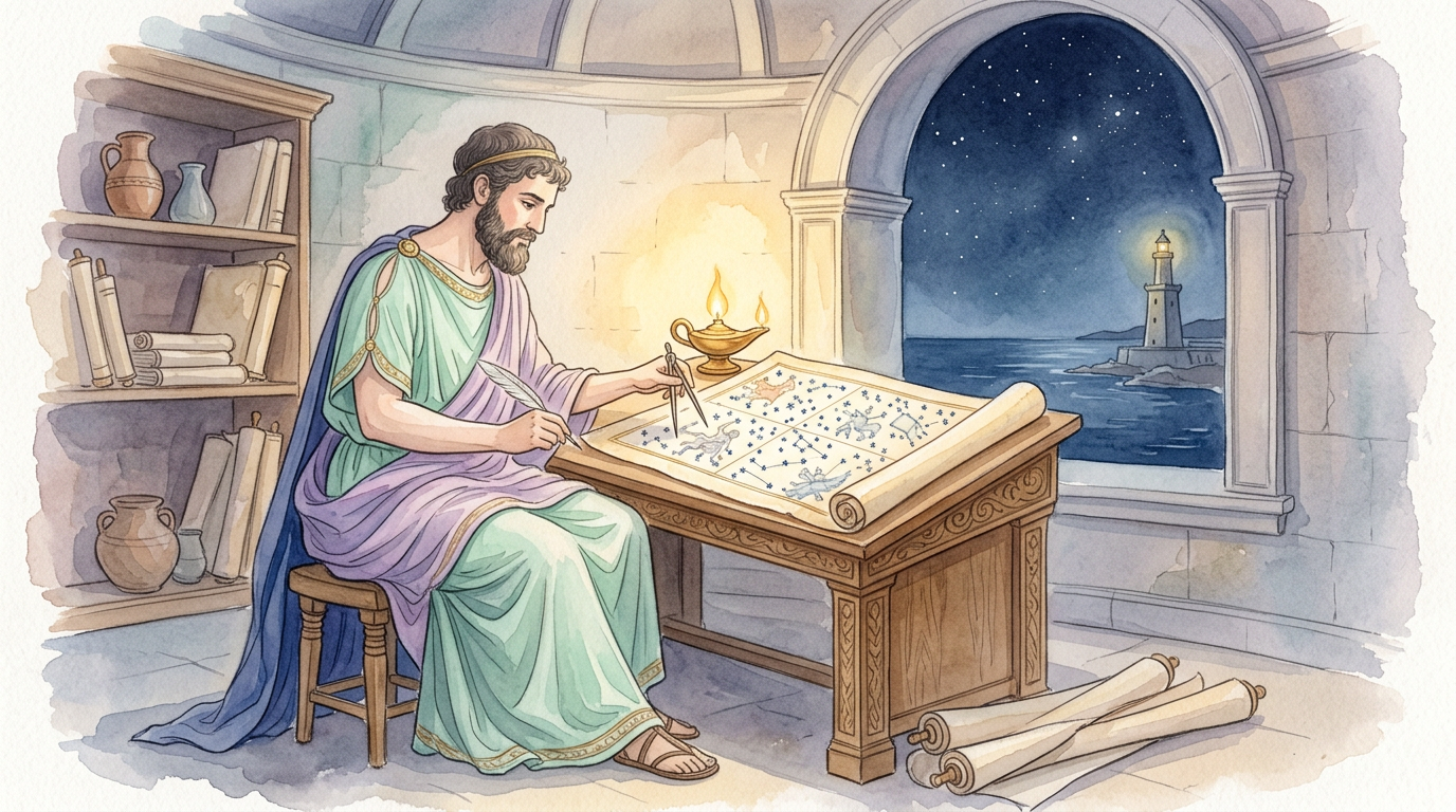 A stylized illustration of an ancient Greek astronomer studying a star chart, evoking Ptolemy's 2nd-century catalogue of 48 constellations documented in the Almagest.
