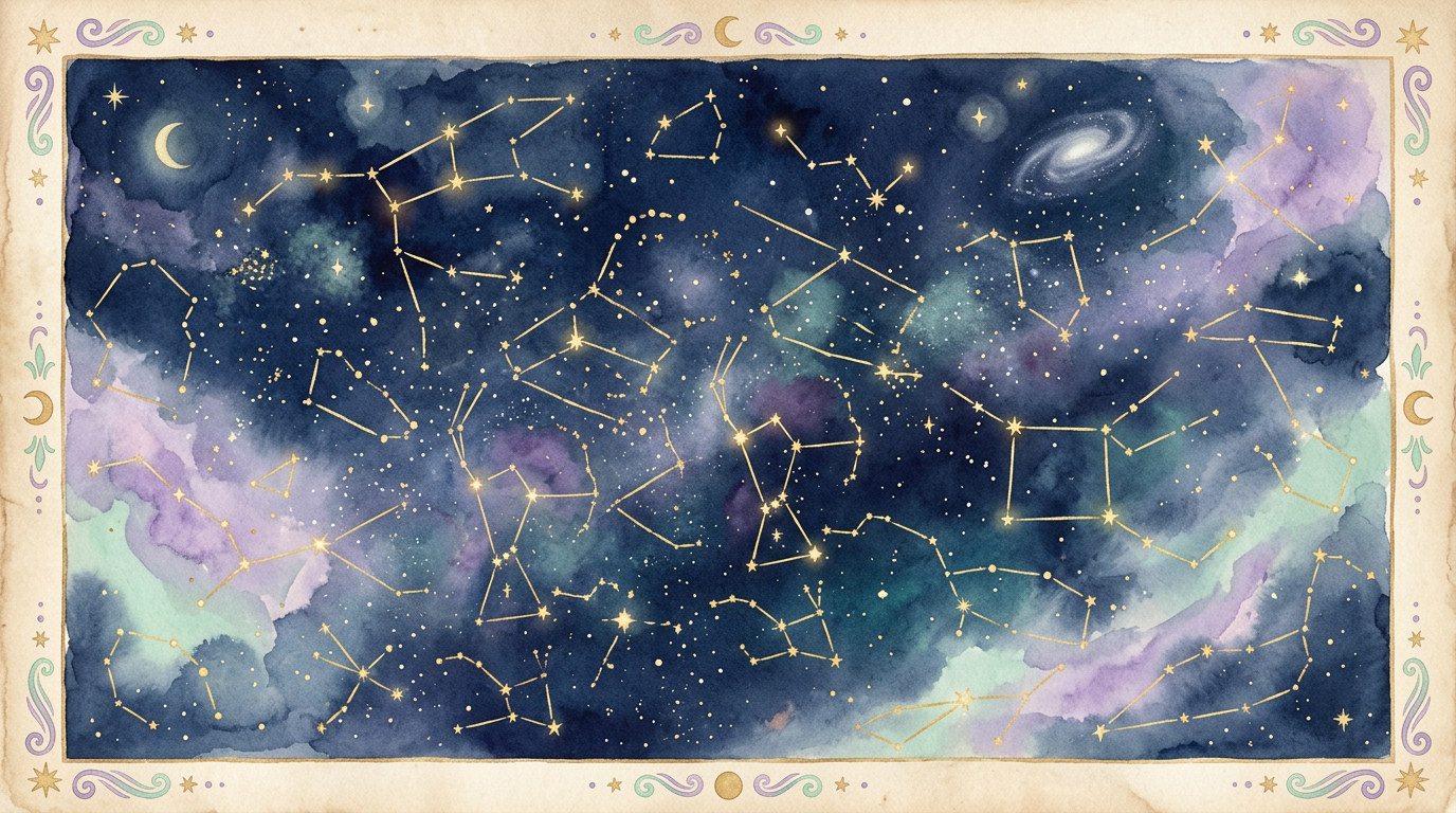 A vintage-style celestial map illustration showing star patterns connected by golden lines against a deep navy sky, with no text or real people depicted