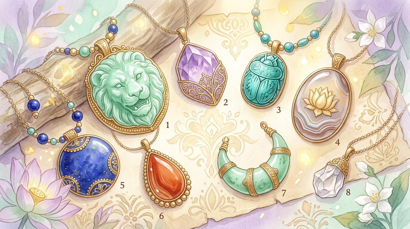 Illustrated amulet stones in the style of ancient Eastern jewelry, referencing Pliny the Elder's note in Natural History (77 CE) that Eastern peoples wore certain stones as protective amulets.
