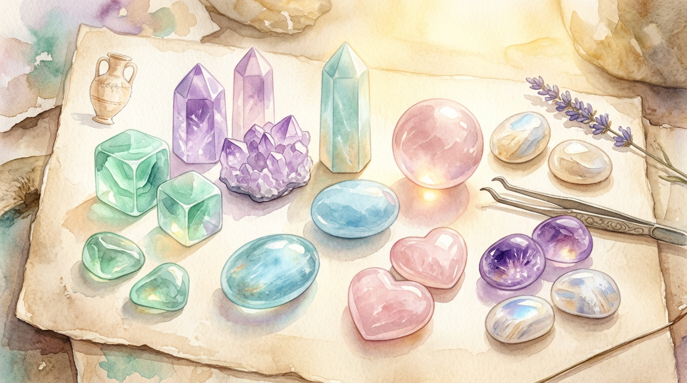 A modern flat-lay of polished crystals in soft pastel tones, echoing the 2,000-year-old tradition of gemstone collecting documented by Pliny the Elder in 77 CE.