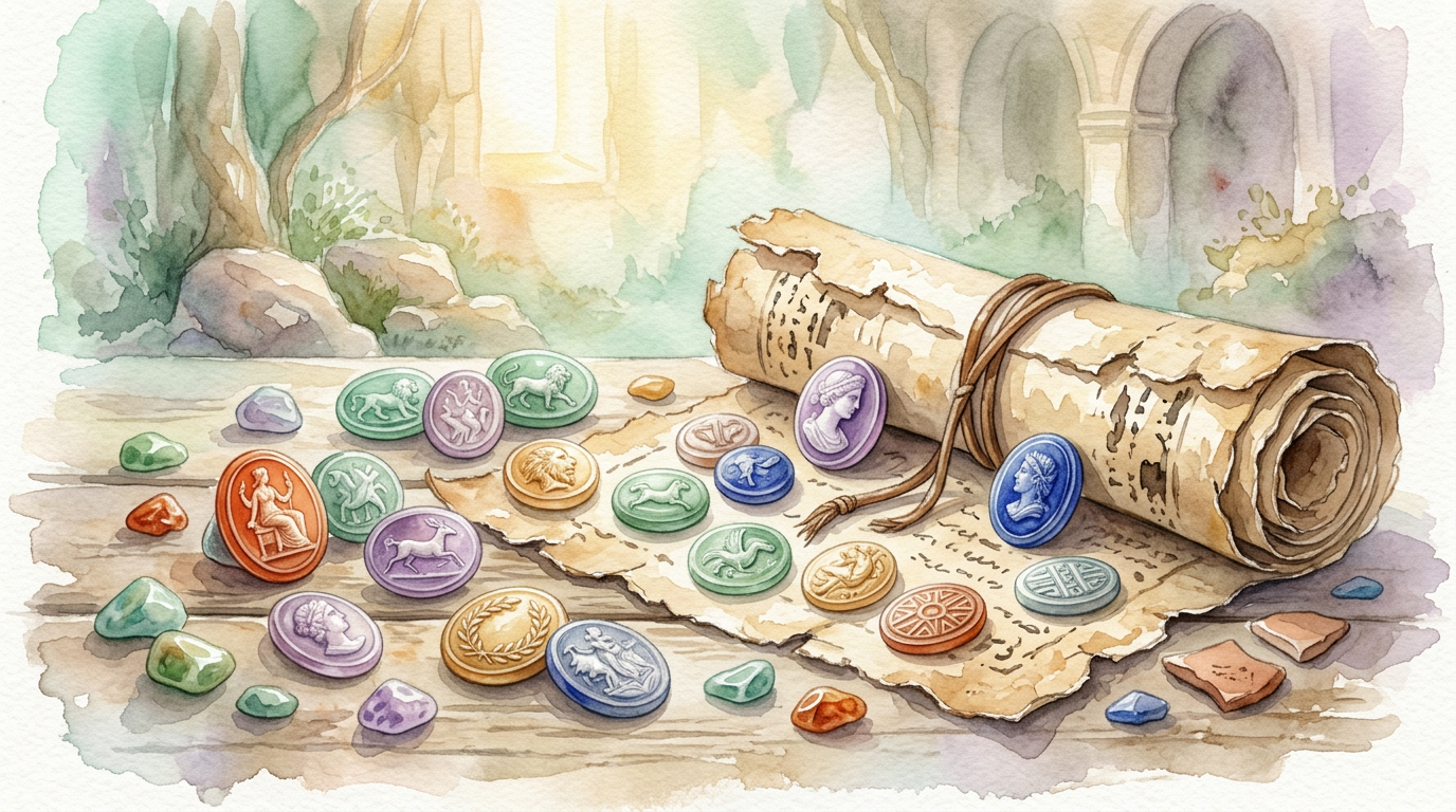 A spread of ancient-style carved gemstones beside a weathered scroll, evoking Pliny the Elder's 77 CE catalogue of roughly 240 stone varieties.