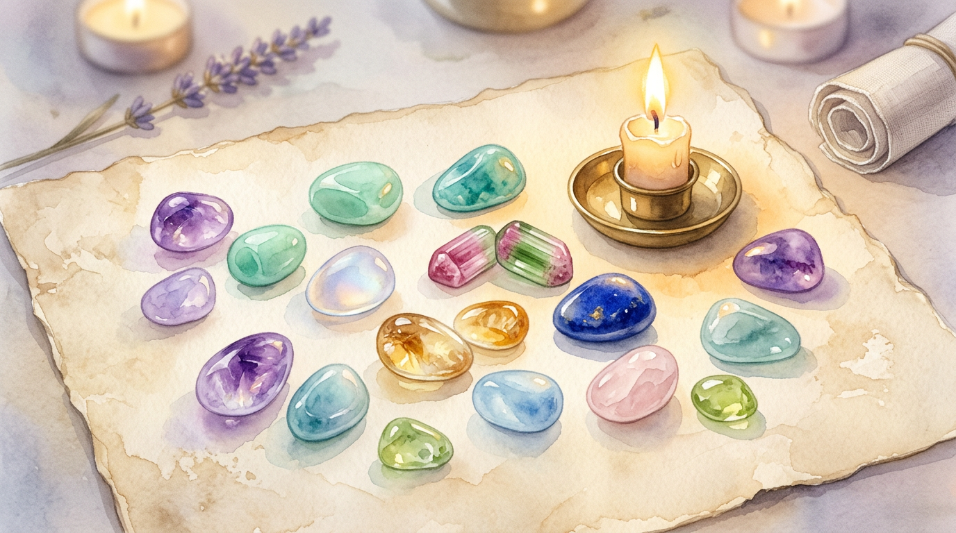 A lush flat-lay of colorful polished gemstones on aged parchment, softly lit with warm candlelight, no text