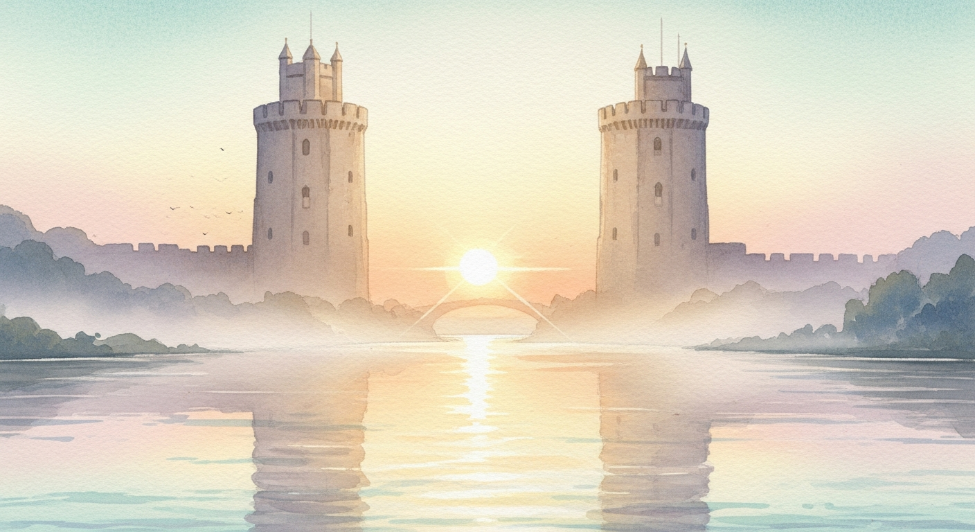 The sun rising between two towers — Waite's emblem of renewal and rebirth.