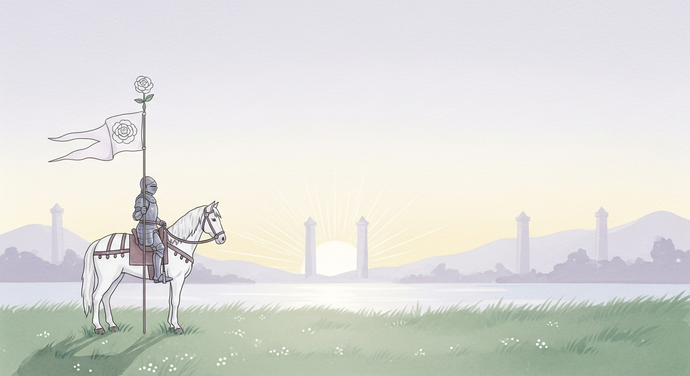 Illustration of the Death tarot card, Major Arcana XIII, a horseman carrying a banner with a white rose