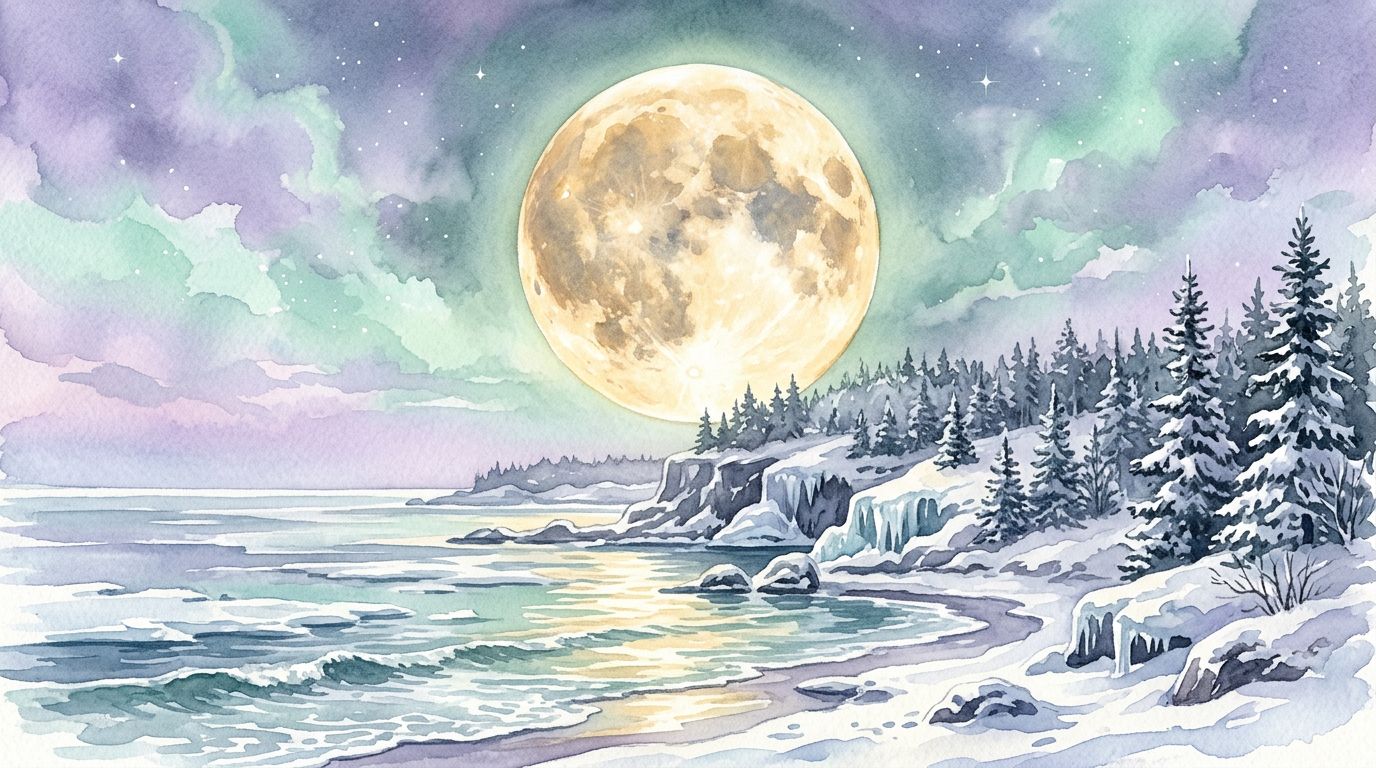 A painterly illustration of a full Moon at its closest point to Earth, glowing large and bright over a frozen coastline, referencing the January 4, 1912 alignment described by Olson, Doescher & Sinnott in Sky & Telescope.