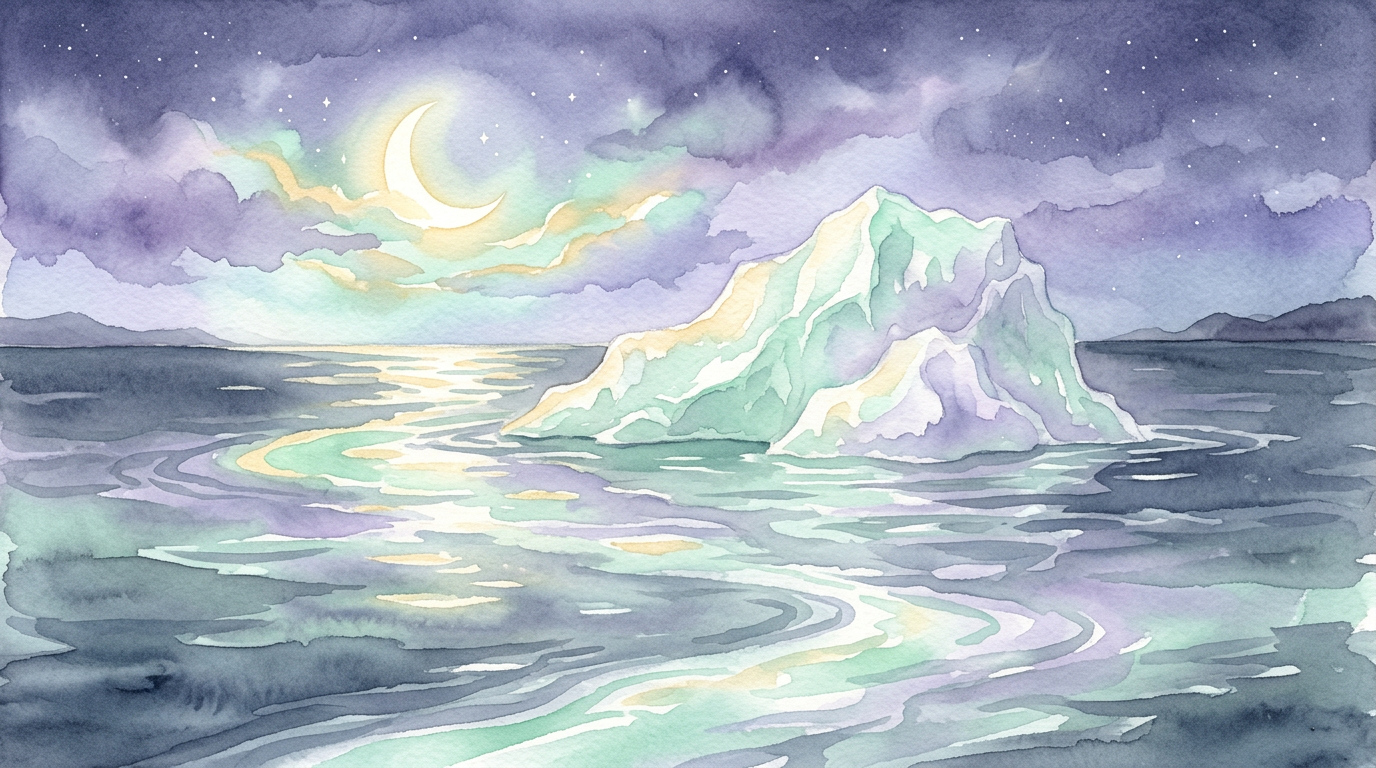 An illustration of a large iceberg drifting through the North Atlantic Ocean under a moonlit sky, evoking the route described in the Olson, Doescher & Sinnott hypothesis.