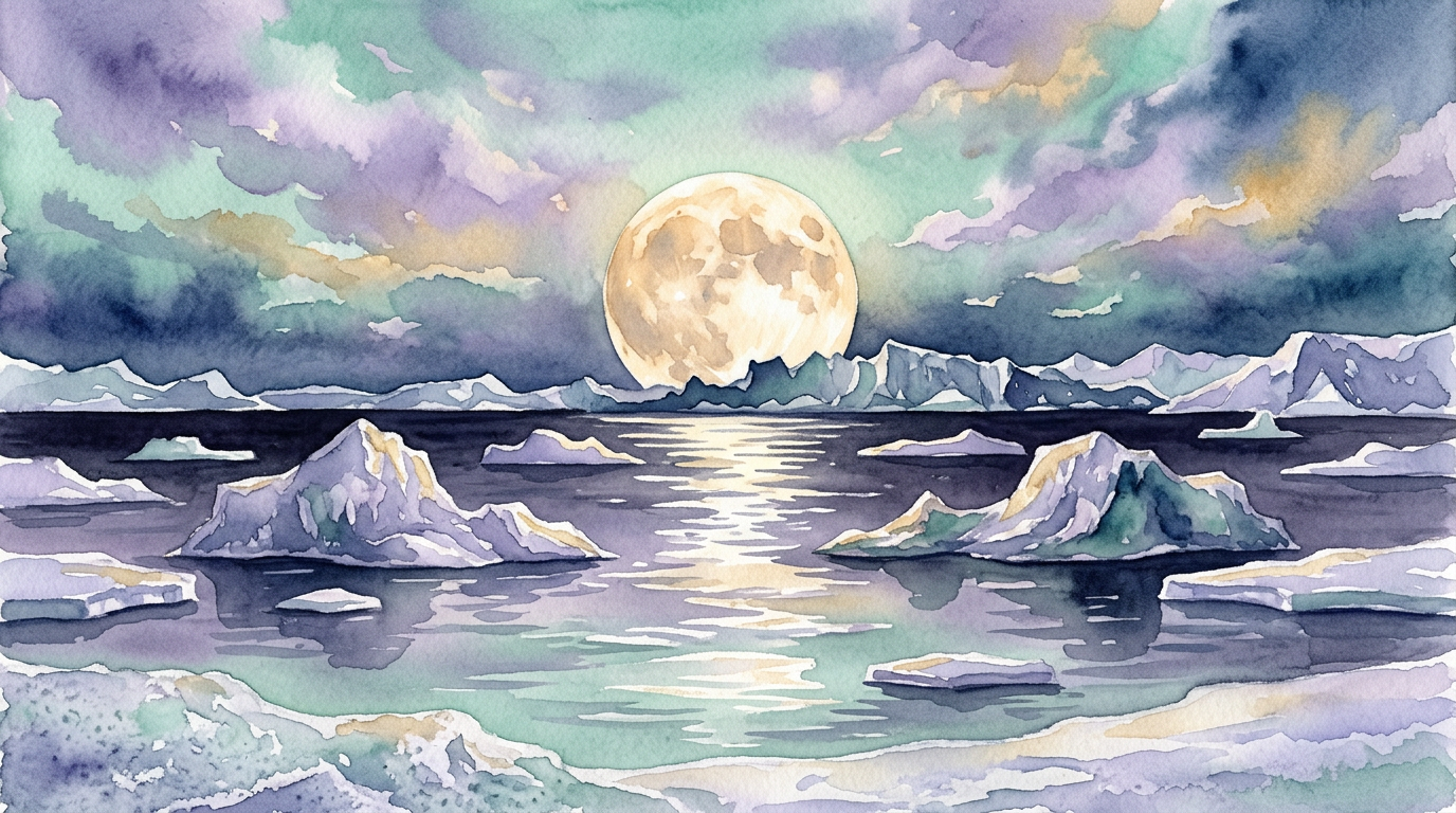 A dramatic illustration of a full moon hanging low over a dark, icy ocean, casting silver light across drifting icebergs