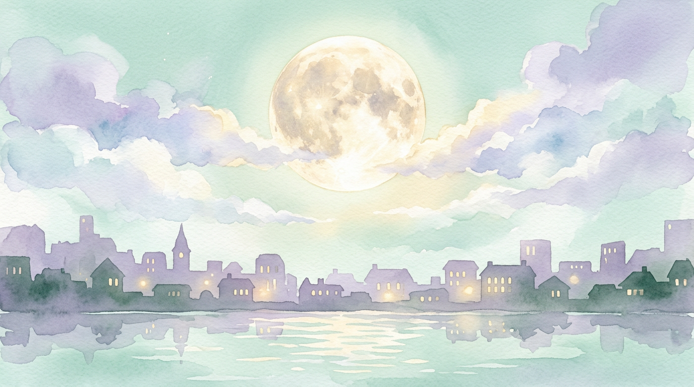 A full moon illustrated above a calm city — because according to Rotton & Kelly's 1985 meta-analysis, the night is probably quieter than the legend suggests.