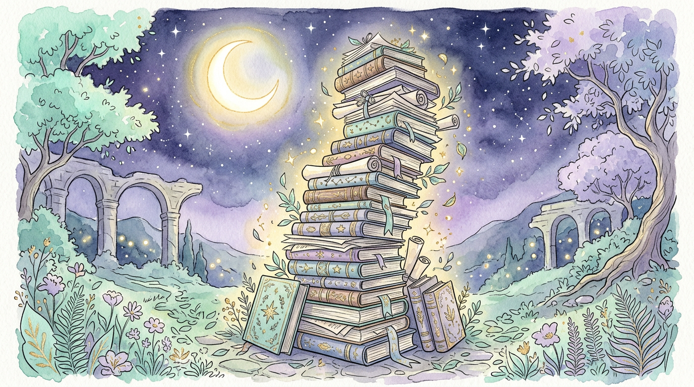A whimsical illustration of a tall stack of academic papers under a crescent moon, nodding to the 37 studies reviewed by Rotton & Kelly (1985).