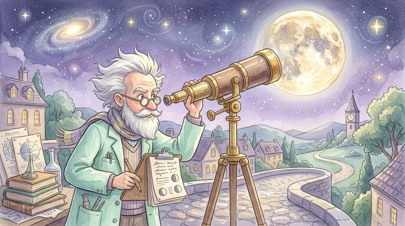 A cartoon scientist peering through a telescope at a full moon with a clipboard of notes, illustrating the decades of lunar-lunacy research reviewed by Rotton & Kelly (1985).