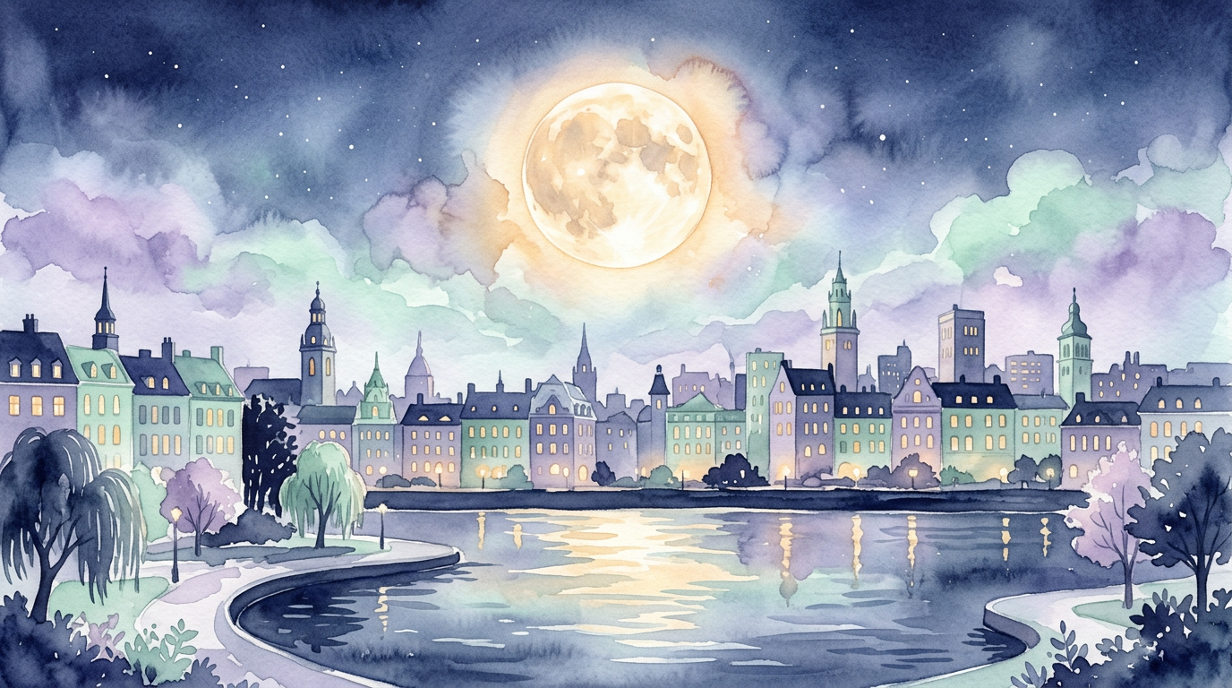 A glowing full moon hanging in a dark sky above a quiet city skyline, illustrated in a dreamy, editorial style with soft indigo and gold tones