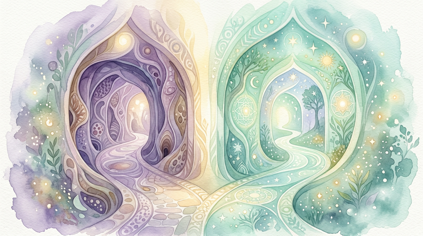 A dreamlike corridor splitting into two paths, representing the diverging interpretive frameworks described by Freud and Jung in their foundational works.