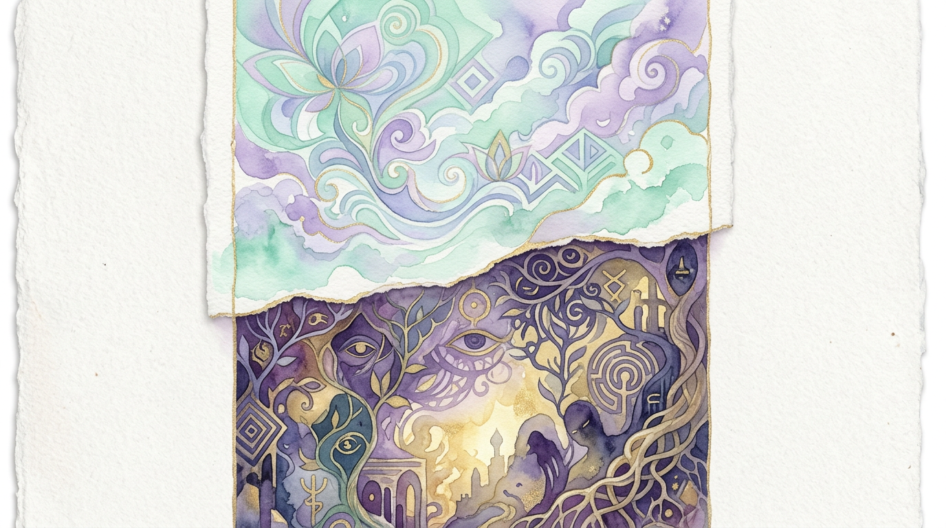 An abstract illustration of a layered image — a surface scene with a hidden scene beneath it — evoking Freud's manifest vs. latent content distinction from The Interpretation of Dreams.