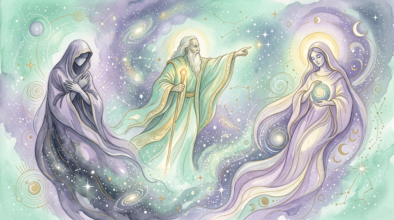 A cosmic, mythic illustration of archetypal figures — a shadow, a guide, a great mother — emerging from a starry background, inspired by Jung's concept of the collective unconscious in Man and His Symbols.