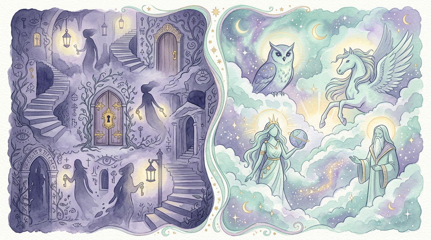 A split illustration showing two dreamscapes: one shadowy and symbolic with hidden doors, the other cosmic and archetypal with mythic figures emerging from clouds