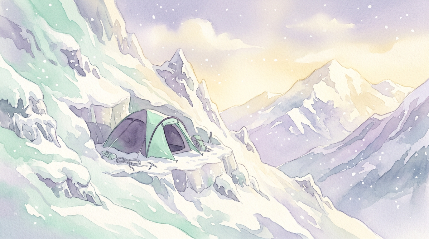 An illustration of a tent cut into a mountain slope under heavy snow, referencing the setup described in Gaume & Puzrin's 2021 study in Communications Earth & Environment.