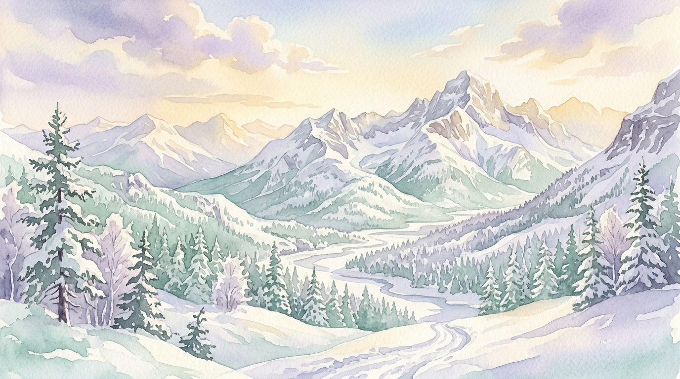 A sweeping illustration of the Ural mountain range blanketed in deep winter snow, evoking the remote terrain where the 1959 expedition took place, as documented by HISTORY.