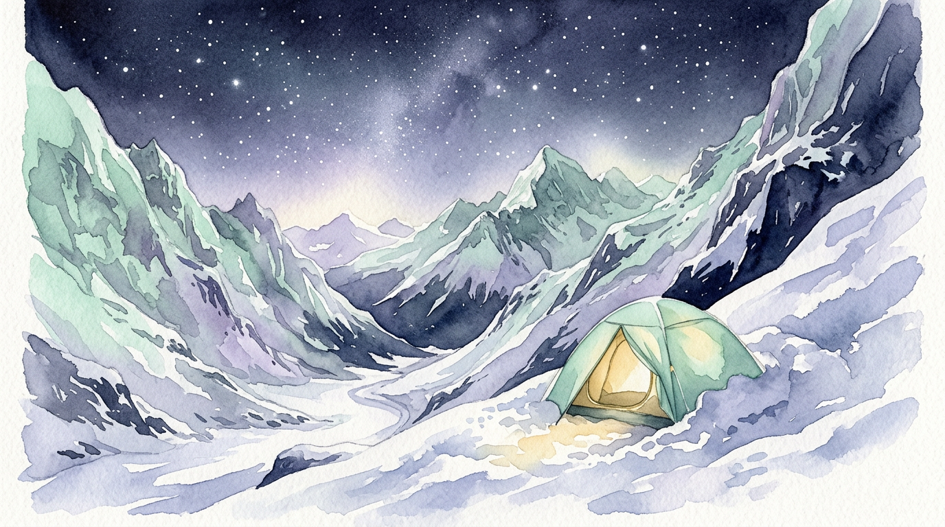 A dramatic illustration of a snow-covered mountain pass at night, a single tent half-buried in a slope under a dark sky dusted with stars