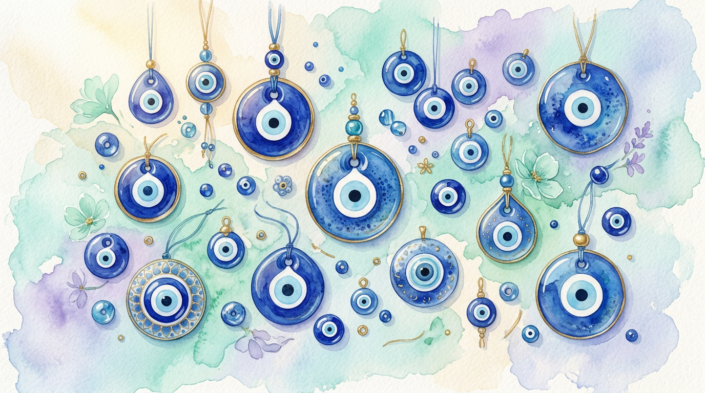 A spread of blue nazar amulets of different sizes β the protective charm documented across Mediterranean and Middle Eastern folk traditions, as recorded in Dundes's scholarly casebook.
