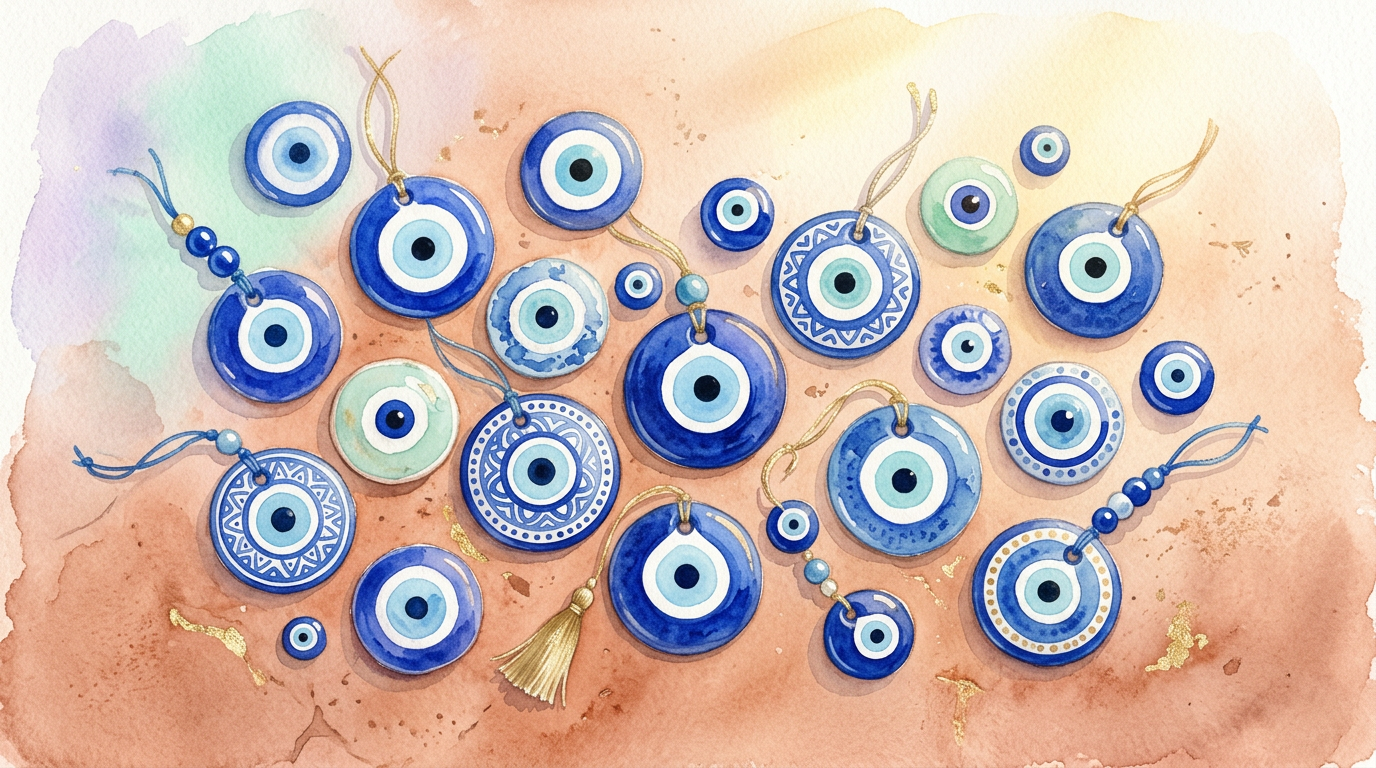A collection of blue and white circular amulets in various sizes arranged on a warm terracotta surface, evoking Mediterranean folk tradition