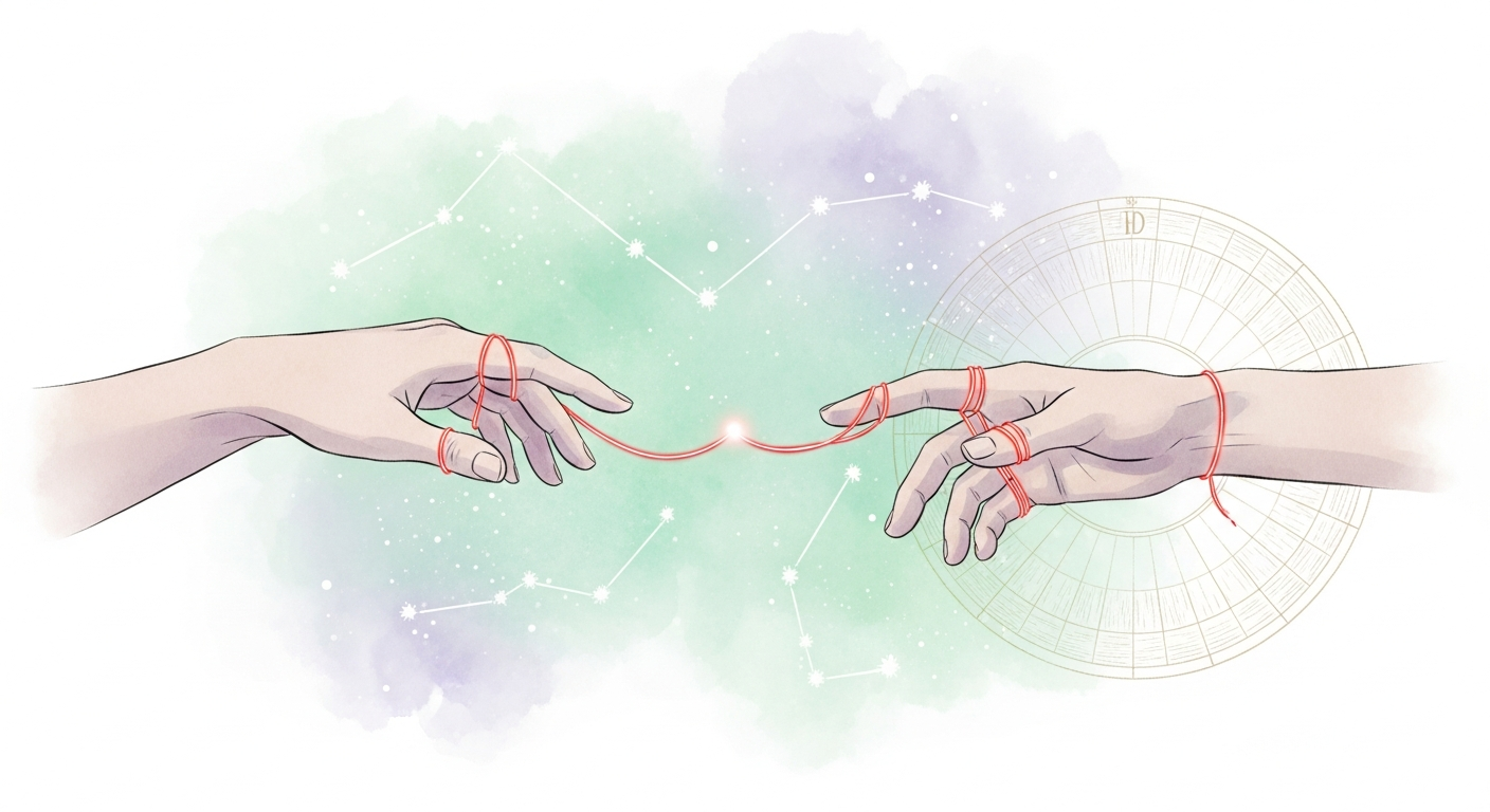 Soft illustration of two birth charts and constellations overlapping like a match
